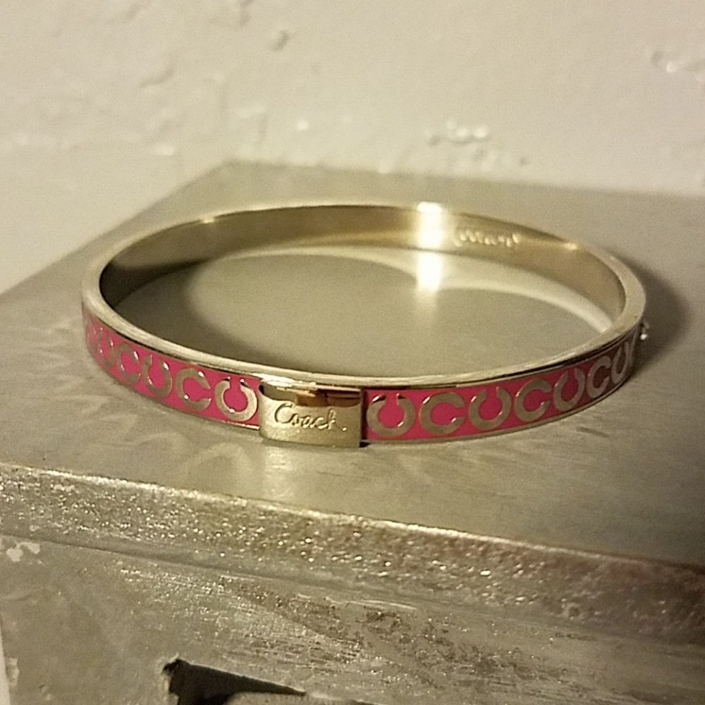 Coach Dark Pink Silver Bangle Bracelet w/ Accents